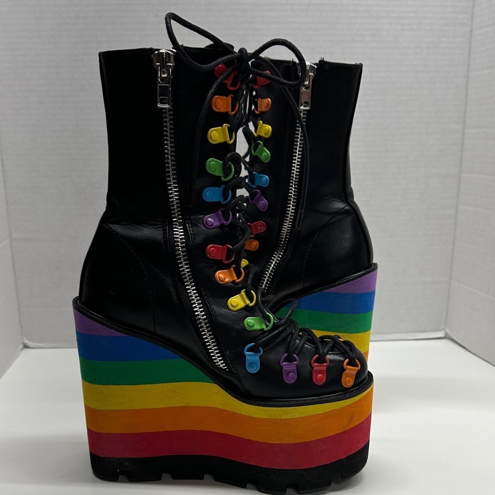 Dolls Kill Club Exx Rainbow Platform Boots Lace Up Heeled Boots Colorful Size 6 - Picture 6 of 12